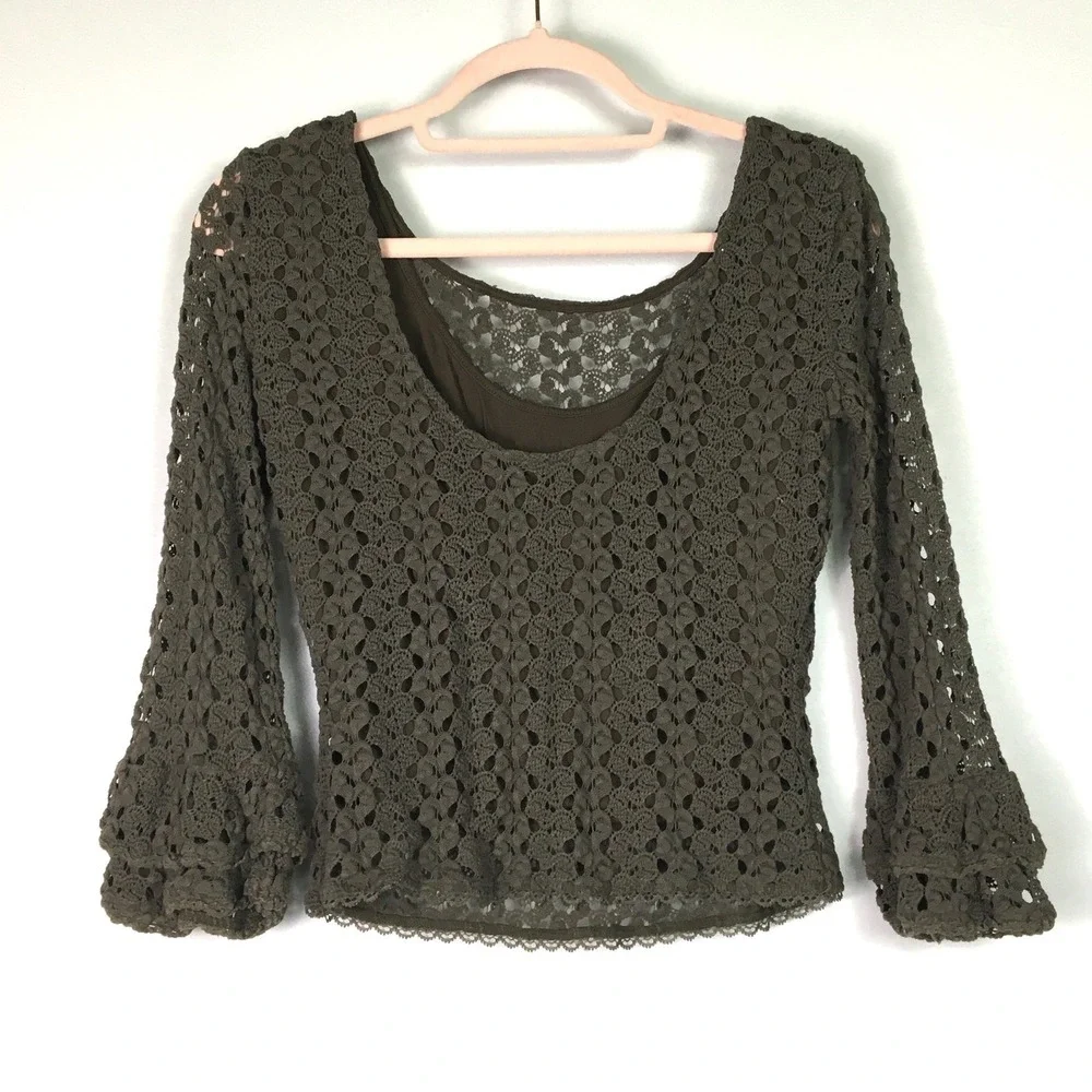 Free People Crochet Lace Bell Sleeve Top XS Mocha Brown‎